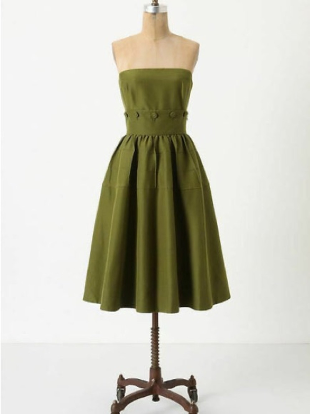 Maeve Olive Green Midi Dress with Button Waist Detail